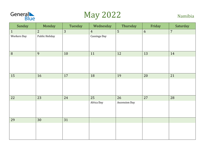 May 2022 Calendar with Namibia Holidays
