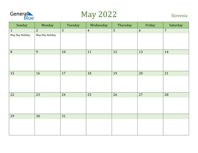 May 2022 Calendar with Slovenia Holidays