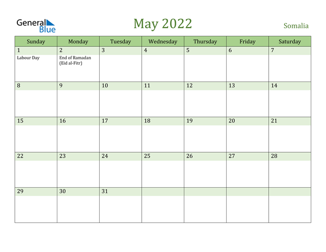 May 2022 Calendar with Somalia Holidays