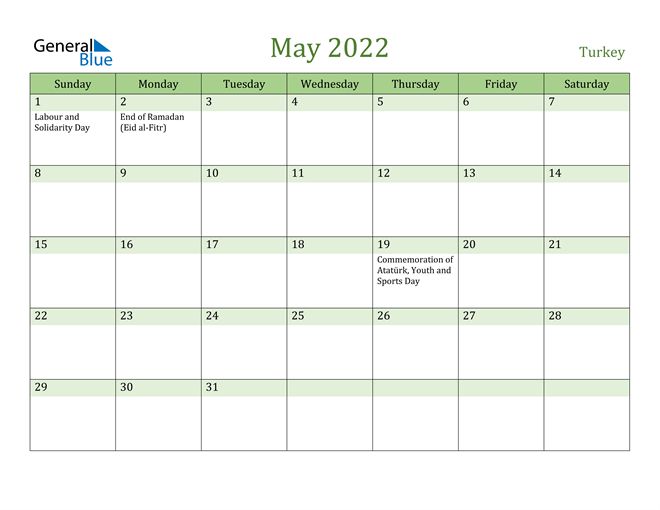 May 2022 Calendar with Turkey Holidays