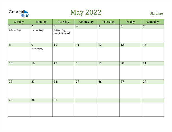 May 2022 Calendar with Ukraine Holidays