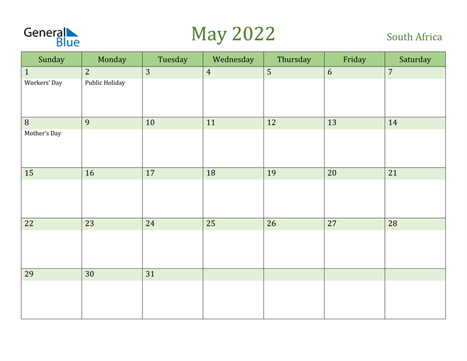 south africa may 2022 calendar with holidays