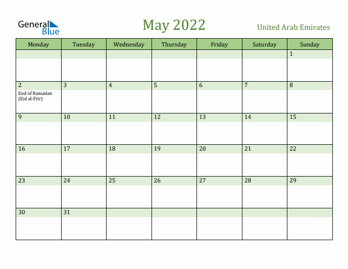 May 2022 Calendar with United Arab Emirates Holidays