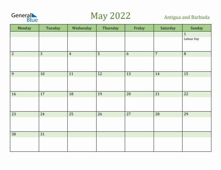 May 2022 Calendar with Antigua and Barbuda Holidays