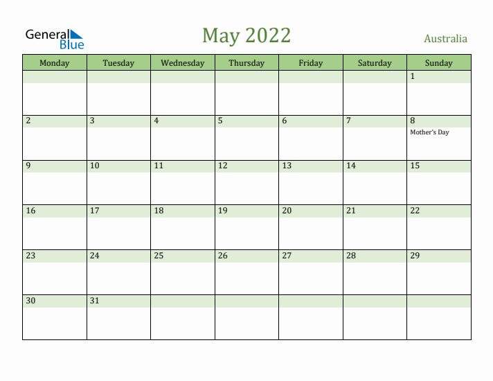 May 2022 Calendar with Australia Holidays