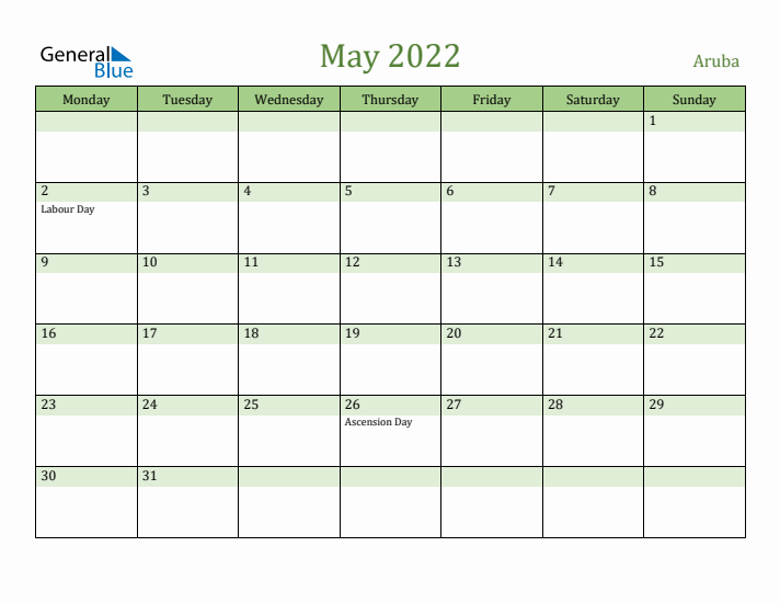 May 2022 Calendar with Aruba Holidays