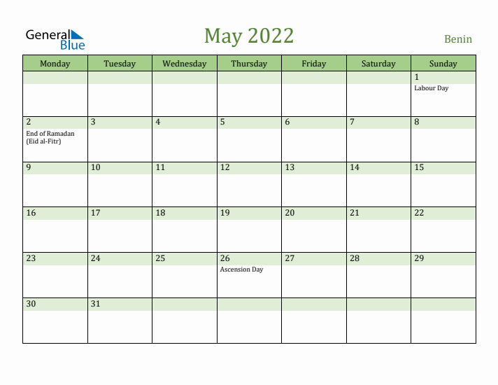 May 2022 Calendar with Benin Holidays