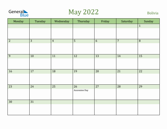 May 2022 Calendar with Bolivia Holidays