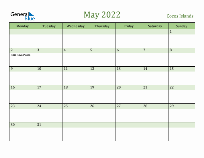 May 2022 Calendar with Cocos Islands Holidays