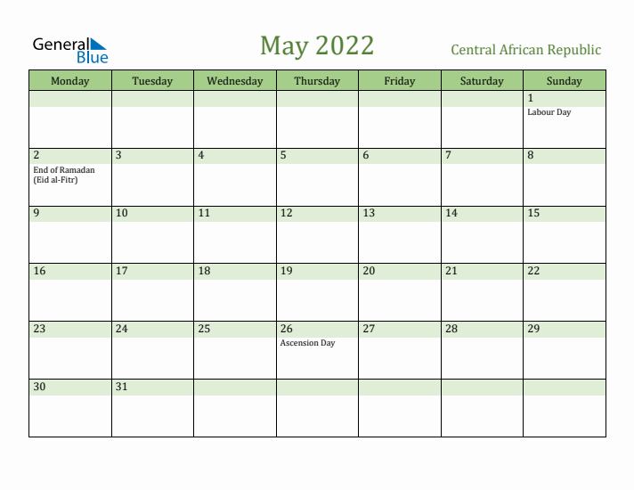 May 2022 Calendar with Central African Republic Holidays
