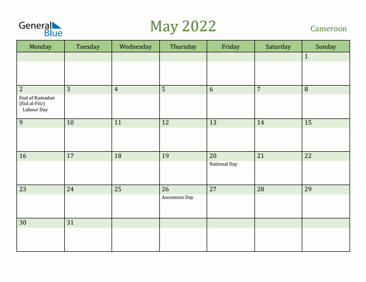 May 2022 Calendar with Cameroon Holidays