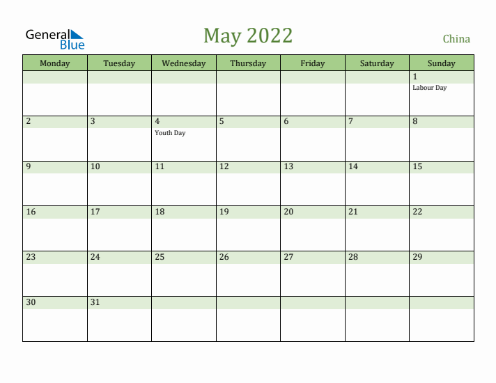 May 2022 Calendar with China Holidays