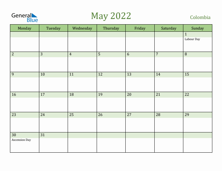 May 2022 Calendar with Colombia Holidays