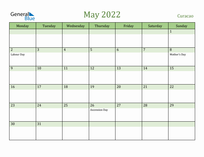 May 2022 Calendar with Curacao Holidays