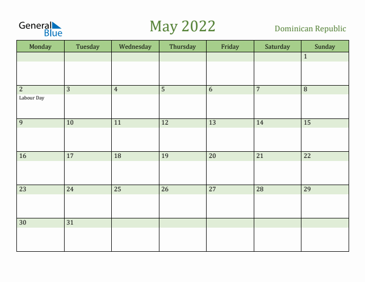 May 2022 Calendar with Dominican Republic Holidays
