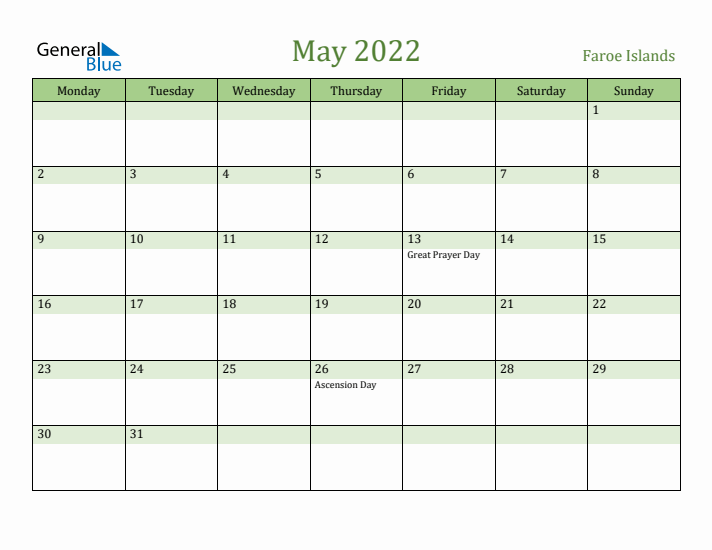 May 2022 Calendar with Faroe Islands Holidays