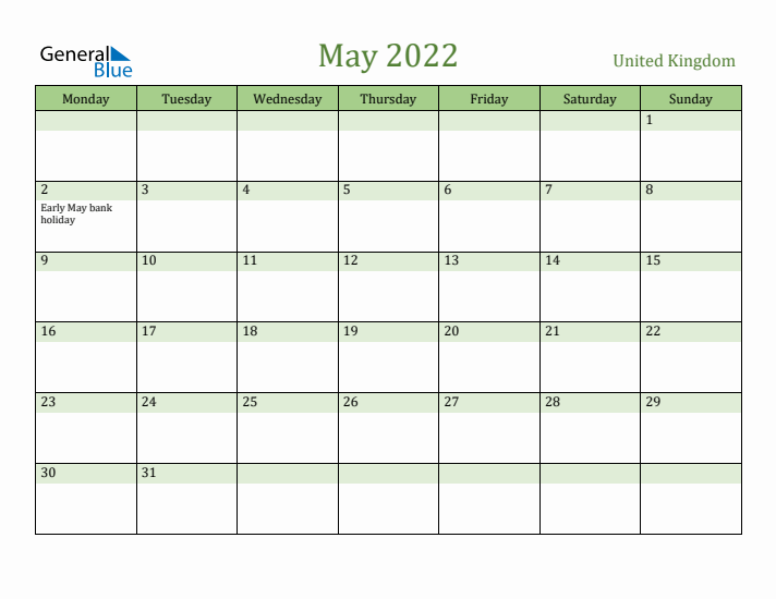 May 2022 Calendar with United Kingdom Holidays