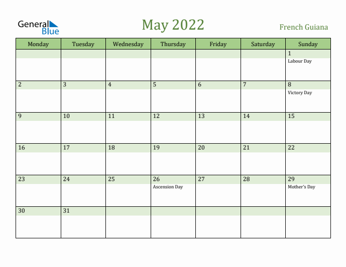 May 2022 Calendar with French Guiana Holidays