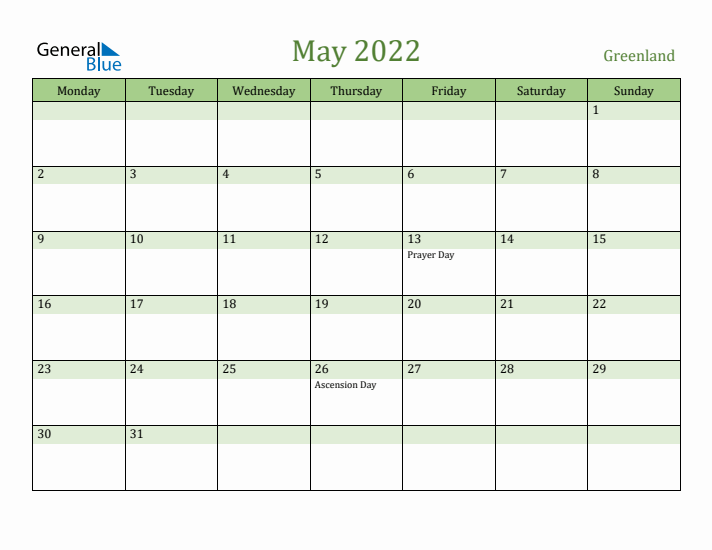 May 2022 Calendar with Greenland Holidays