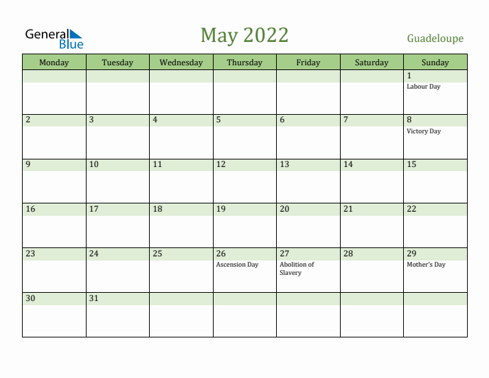 May 2022 Calendar with Guadeloupe Holidays