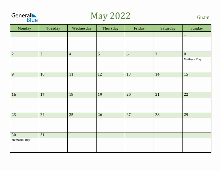 May 2022 Calendar with Guam Holidays