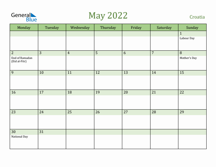 May 2022 Calendar with Croatia Holidays