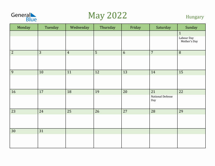 May 2022 Calendar with Hungary Holidays