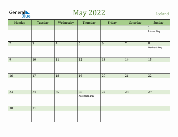 May 2022 Calendar with Iceland Holidays