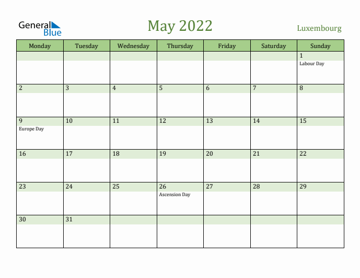 May 2022 Calendar with Luxembourg Holidays