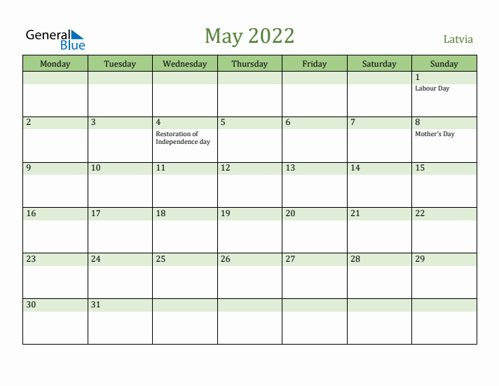 May 2022 Calendar with Latvia Holidays