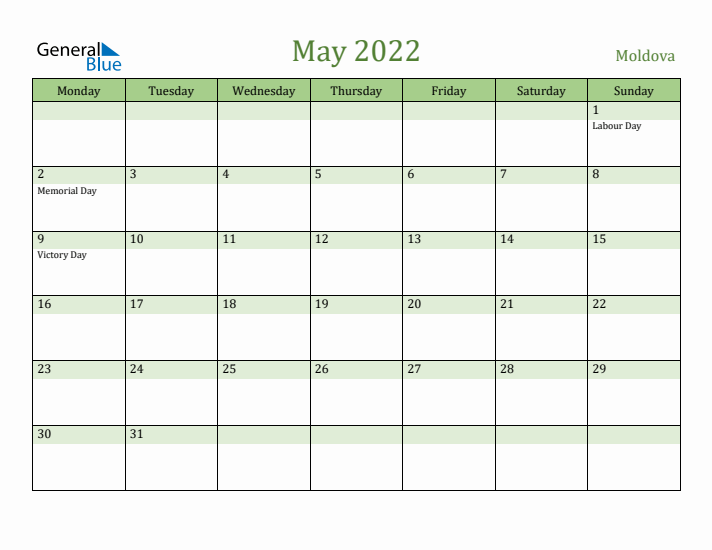 May 2022 Calendar with Moldova Holidays