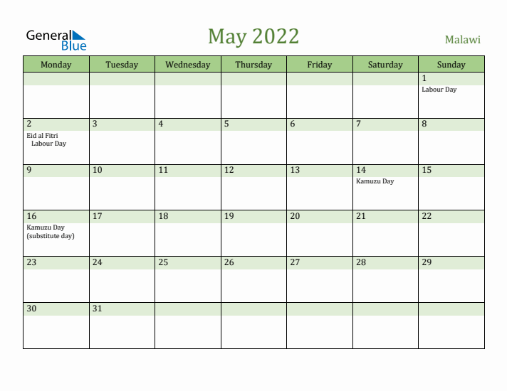 May 2022 Calendar with Malawi Holidays