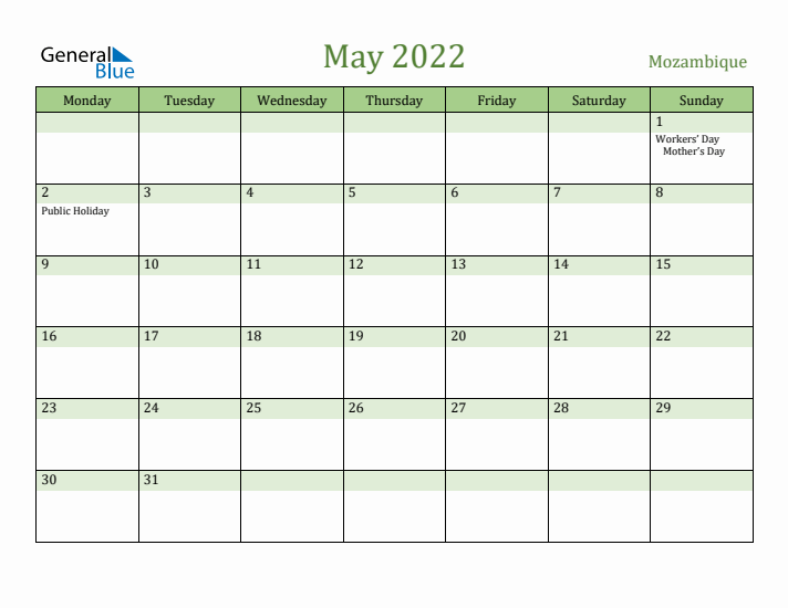 May 2022 Calendar with Mozambique Holidays