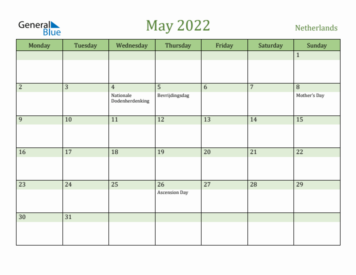 May 2022 Calendar with The Netherlands Holidays