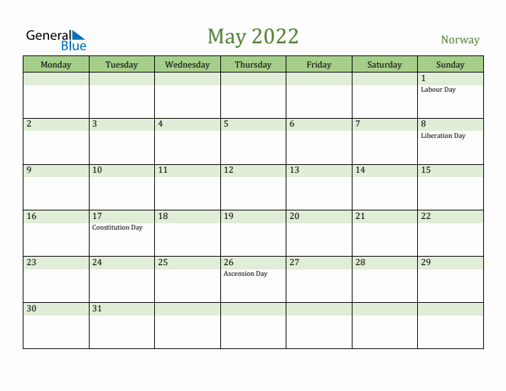 May 2022 Calendar with Norway Holidays