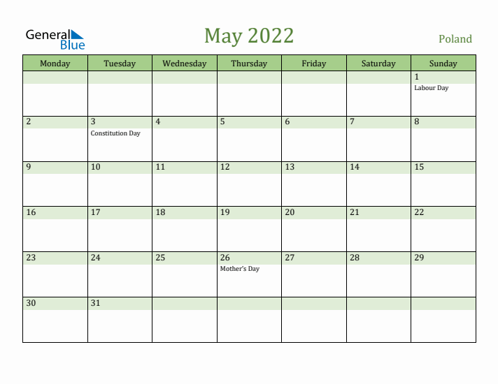 May 2022 Calendar with Poland Holidays