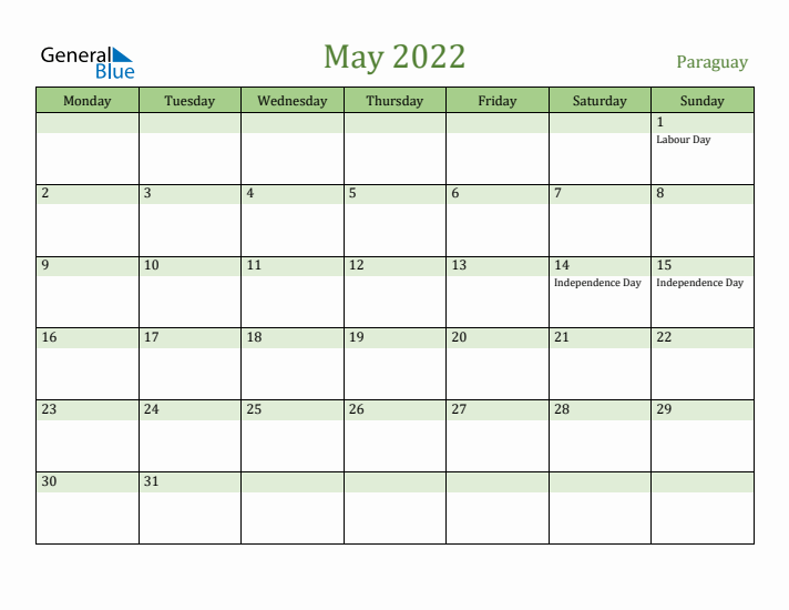 May 2022 Calendar with Paraguay Holidays