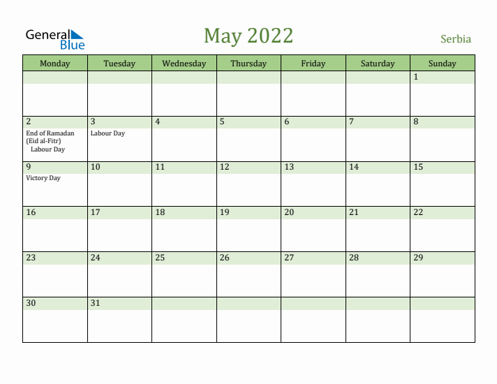 May 2022 Calendar with Serbia Holidays