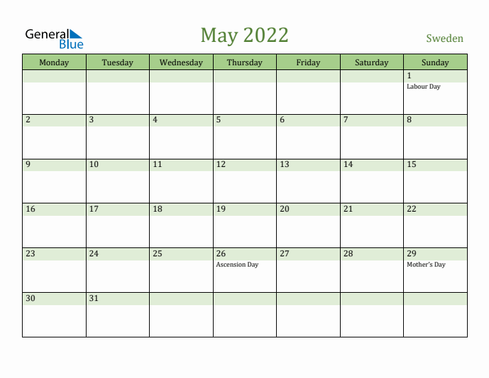 May 2022 Calendar with Sweden Holidays