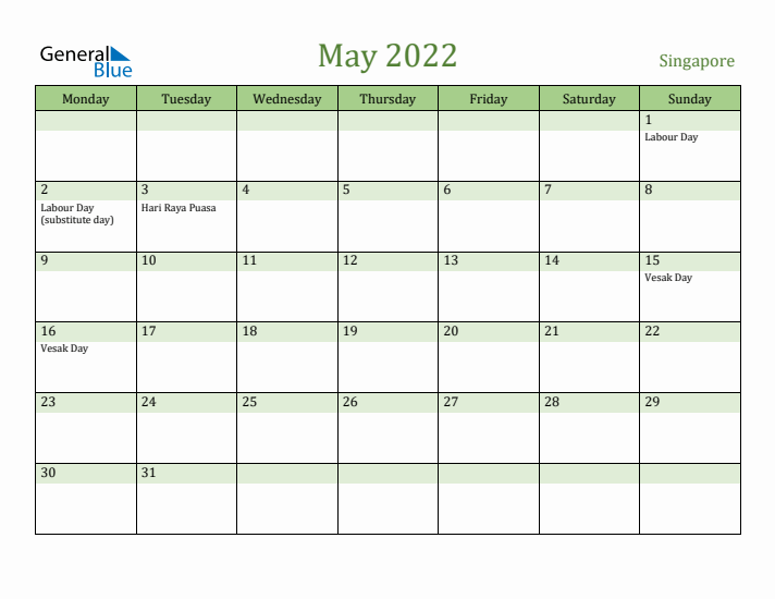 May 2022 Calendar with Singapore Holidays