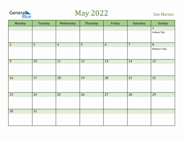 May 2022 Calendar with San Marino Holidays