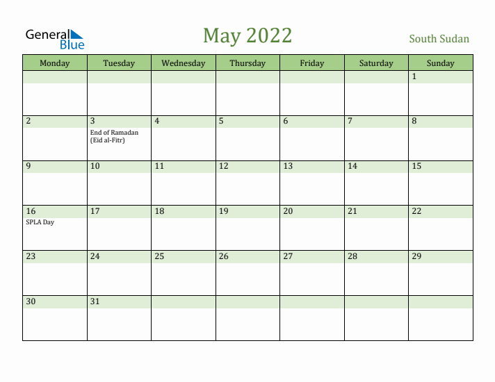 May 2022 Calendar with South Sudan Holidays