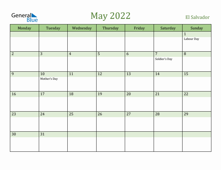 May 2022 Calendar with El Salvador Holidays