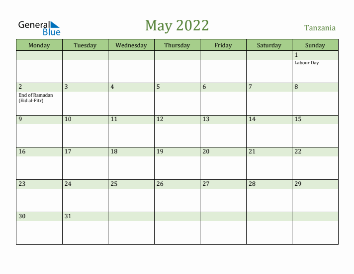 May 2022 Calendar with Tanzania Holidays