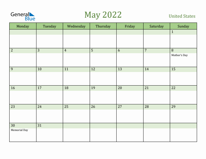 May 2022 Calendar with United States Holidays