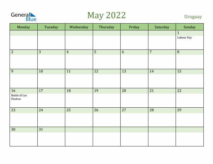 May 2022 Calendar with Uruguay Holidays