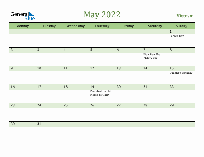May 2022 Calendar with Vietnam Holidays