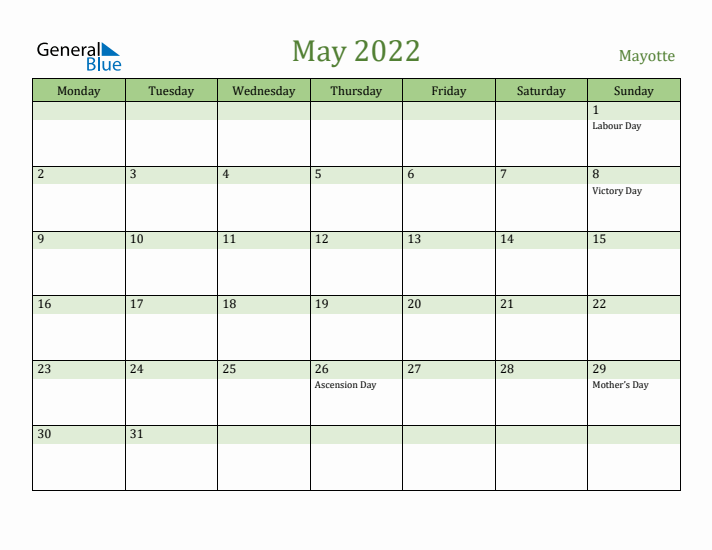 May 2022 Calendar with Mayotte Holidays