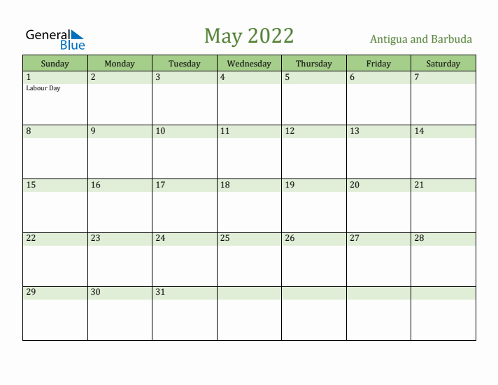May 2022 Calendar with Antigua and Barbuda Holidays