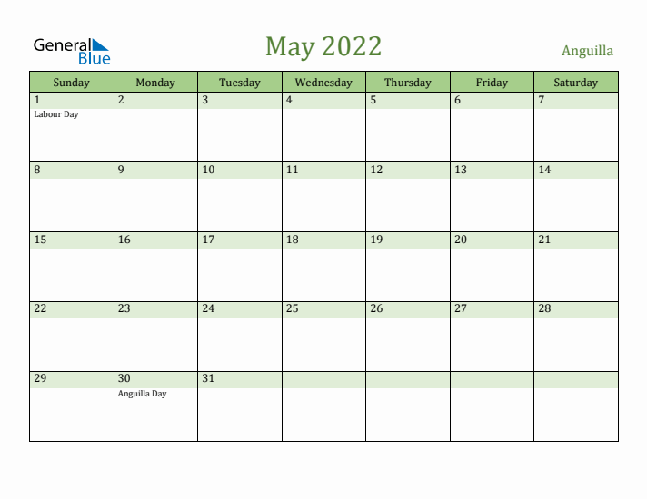 May 2022 Calendar with Anguilla Holidays